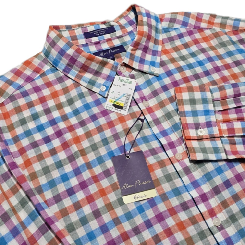 NEW Alan Flusser Linen Blend Shirt Mens 2XL Multicolor Plaid L/S Button Down NWT